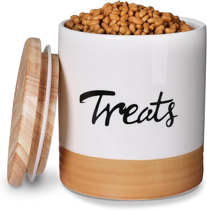 LEETOYI Cat Treat Container with Lid, Ceramic Dog Treat Jars Modern, Farmhouse Kitchen Decor, Cat Treat Storage Caddy Organizer, 4.5 Inch 31oz White