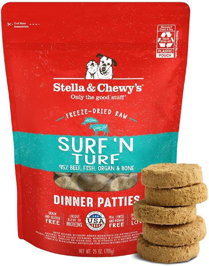 Stella & Chewy's Freeze-Dried Raw Dinner Patties - Surf 'N Turf Salmon & Beef Recipe - High Protein Grain-Free Puppy & Dog Food - Perfect For Picky Eaters - 25 oz
