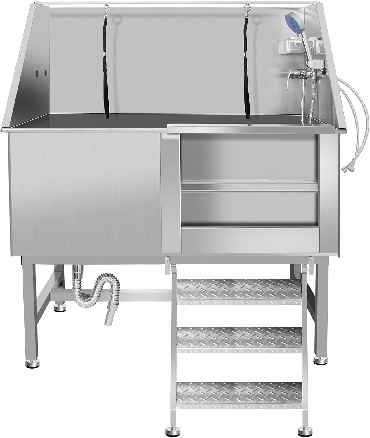 50" Dog Washing Station, Professional Stainless Steel Dog Bathing Station, Equipped/W Three Anti-Slip Steps, Removable Door, Upgraded Spray Nozzle&Hose - for Home, Pet Grooming Salon (50" Right ramp)