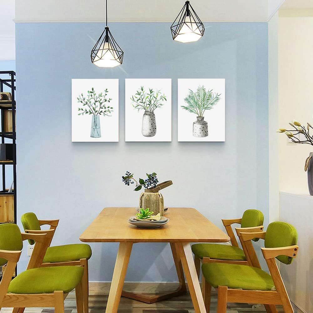 AHUASJART Canvas Wall Art - Paintings for Kitchen, Dining Room, Family Wall Decor - Green Leaf Vase, 3 Piece