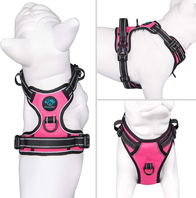 PHOEPET Reflective Dog Harness No Pull Large Breed Vest with 2 Metal Leash Attachment Hooks(XL, Pink)