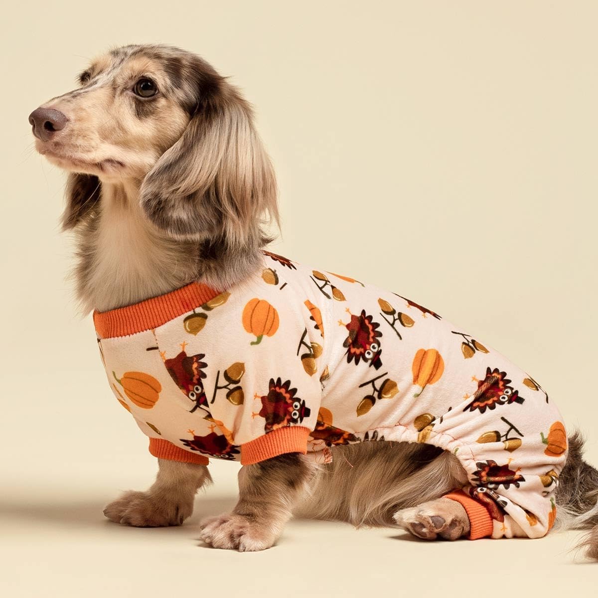 Fitwarm Thanksgiving Turkey Dog Pajamas, Funny Dog Winter Clothes for Small Dogs Girl Boy, Pet Jumpsuit, Cat Onesie with Feet, Lightweight Velvet, Orange, Large