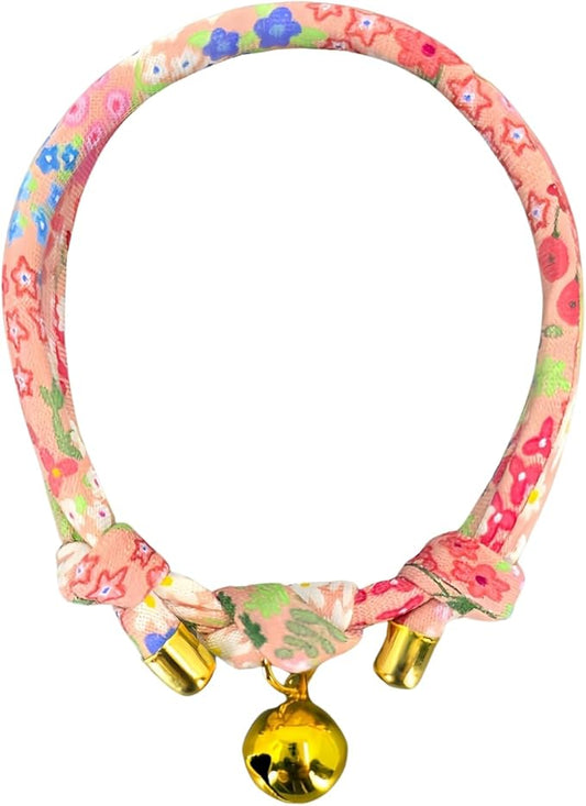 Handmade Cotton Cat Collar with Bell – Adjustable Slip-On Design, No Buckle, Lightweight Rope Collar for Kittens, Indoor Cats, and Small Pets (Blossom)
