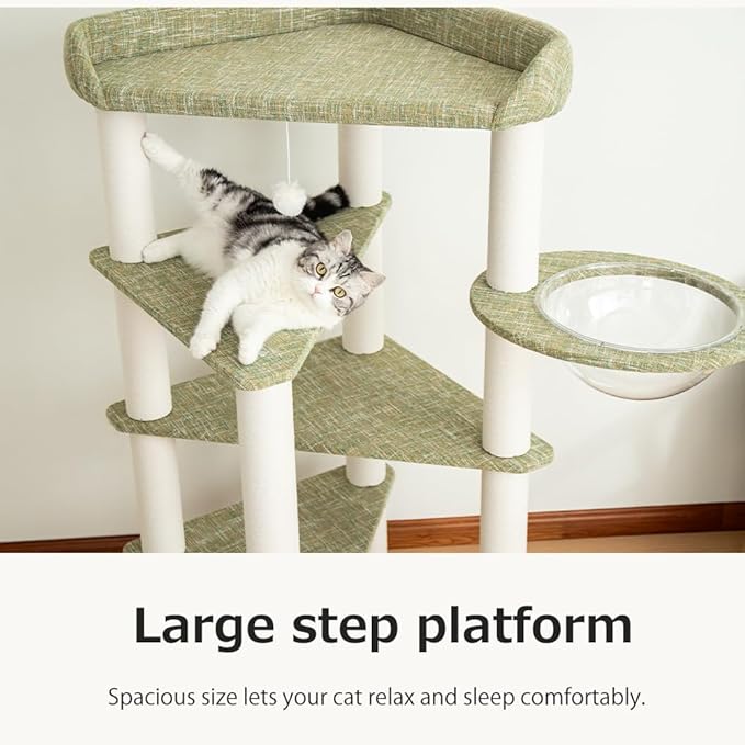 53” Tall Cat Tree for Large Cat, Modern Senior Friendly Cat Tower with Wide Shelves Low Step, Cotton Scratching Posts, Double-Sided Jute Wrapping, Cozy Perches (Light Green)