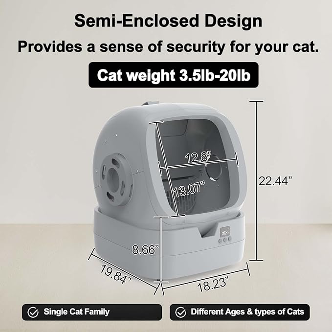 Automatic Cat Litter Box Self Cleaning - APP Control and Weight Monitoring - Ultra-Quiet, Suitable for Medium Cats and Kittens, Safe Anti-Pinch Litter Box (Assembly Required) - Light Grey