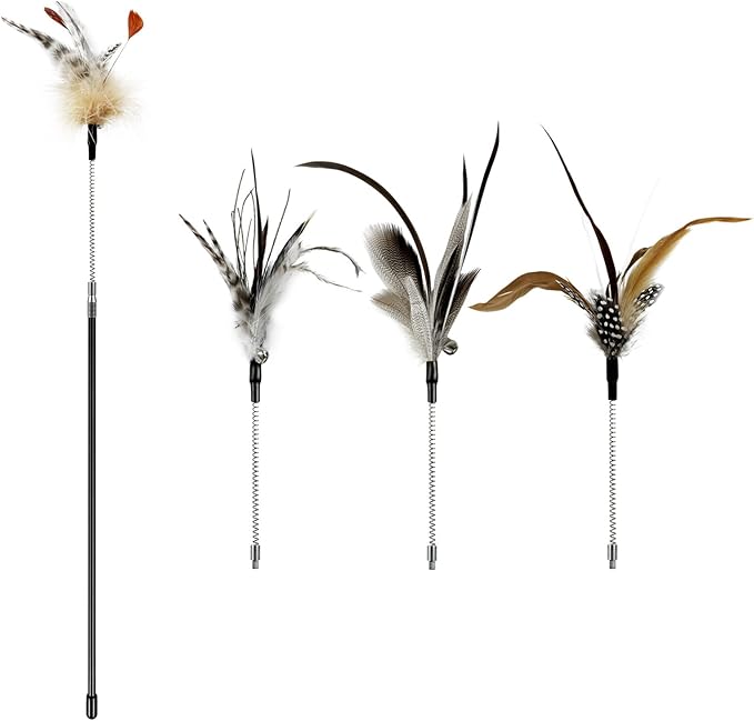 TTcat Cat Wand Toys,Flexible Spring and 4PCS Feather Refills,Feather Teaser Stick Cat Toys for Indoor Cats and Kittens.