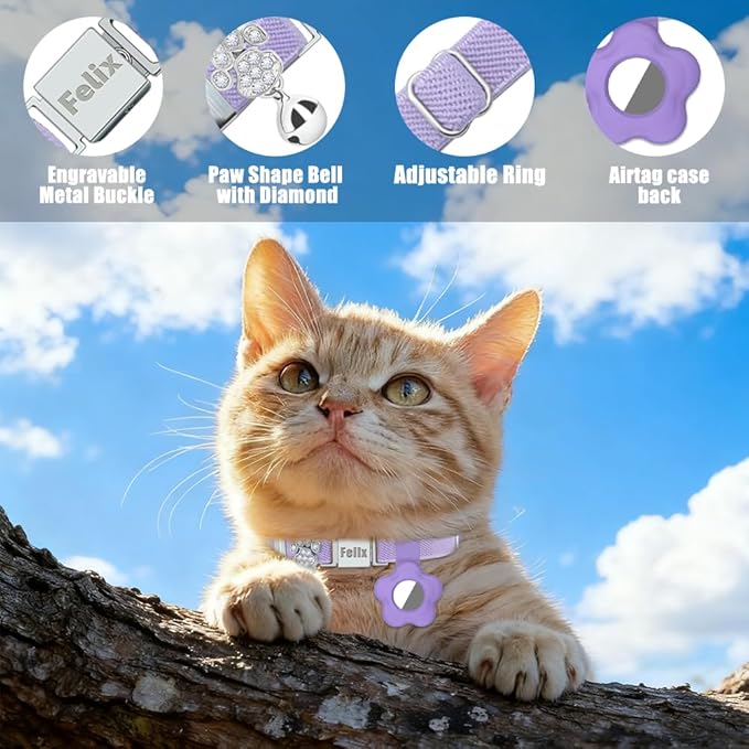 Personalized Safety Elastic Cat Collars with Bell Soft Silicone Cover for Air Tag,Laser Customized Stretch Kitten Collars for Girls Boys Cats (Purple)