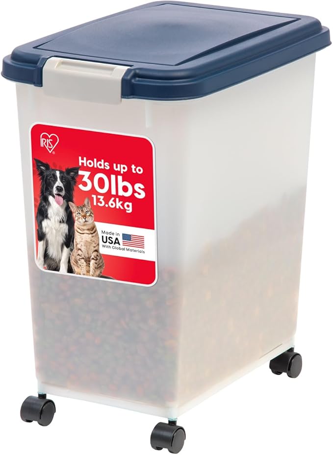 IRIS USA Airtight Dog Food Storage Container, Up to 30 lbs, Attachable Wheels, for Dog Cat Bird and other Pet Food Storage Bin, Keep Fresh, Easy Mobility, BPA Free, Navy/Pearl