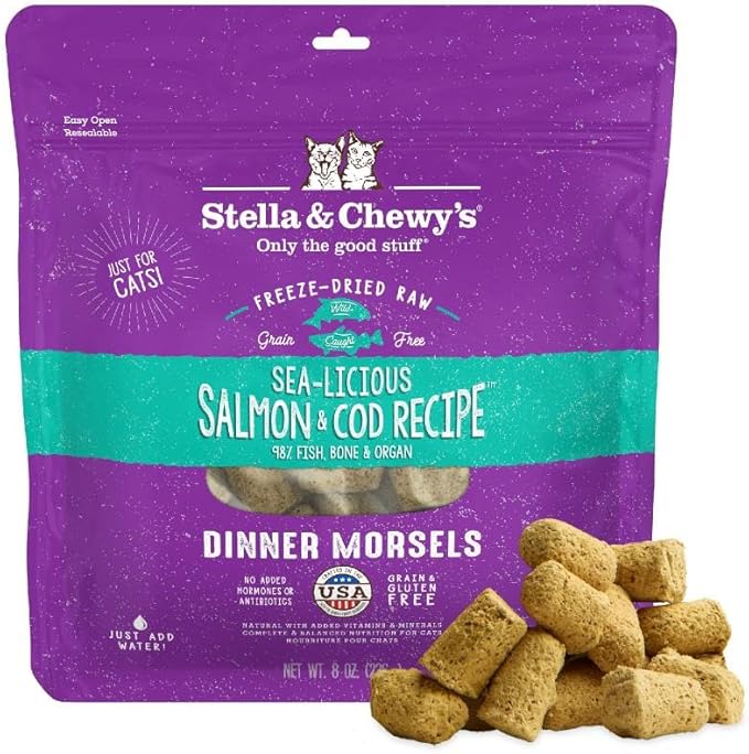 Stella & Chewy's Freeze-Dried Raw Cat Dinner Morsels - Premium Salmon & Cod Recipe with 98% Wild-Caught Fish & Organs - Natural Grain-Free Cat & Kitten Food - Made in USA - 8 oz