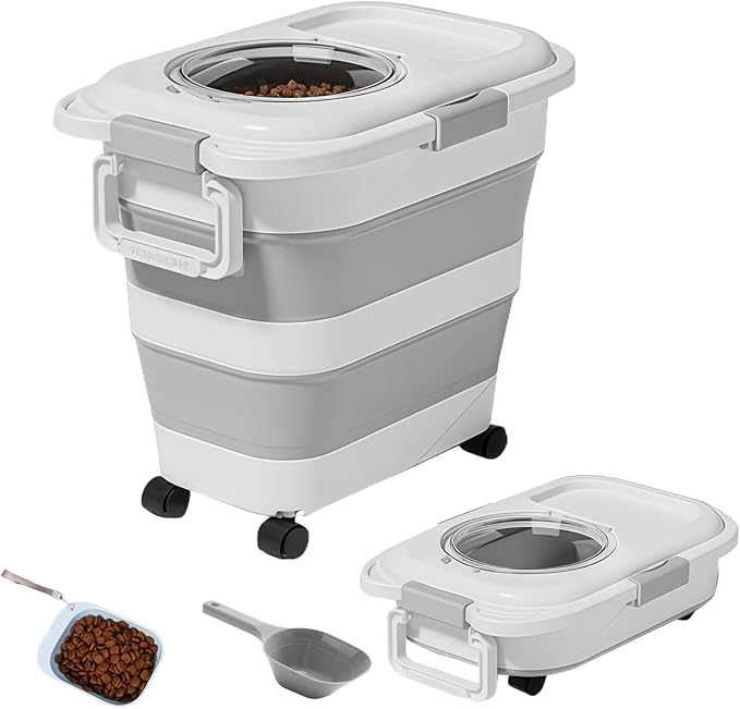 Airtight Collapsible Dog Food Storage Container with Wheels & Scoop, 6-28 Lbs Pet Food Bin for Dog & Cat Food – Portable, Keeps Food Fresh, Also a Multi-Purpose Storage Box for Pet Toys