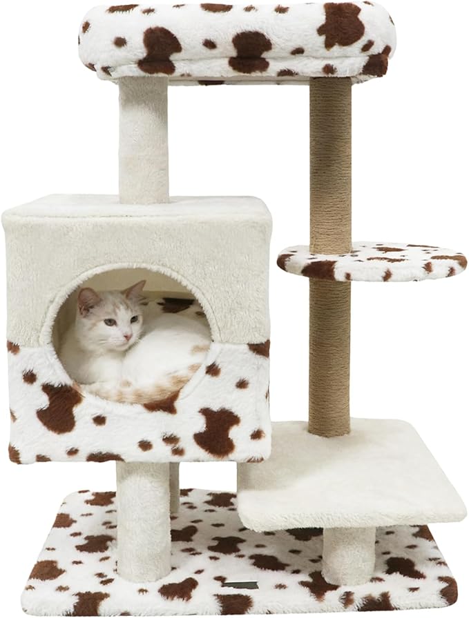 PETSITE 30 Inches Small Cat Tree, Unique Cow Print Modern Cat Tree with Jute Scratching Posts, Comfy 2-Door Condo, Soft Upholstered Top Perch, Multiple Jumping Platforms, Ideal for Indoor Cats
