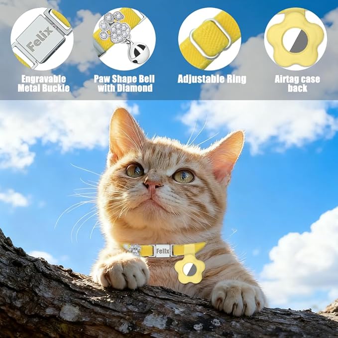 Personalized Safety Elastic Cat Collars with Bell Soft Silicone Cover for Air Tag,Laser Customized Stretch Kitten Collars for Girls Boys Cats (Yellow)