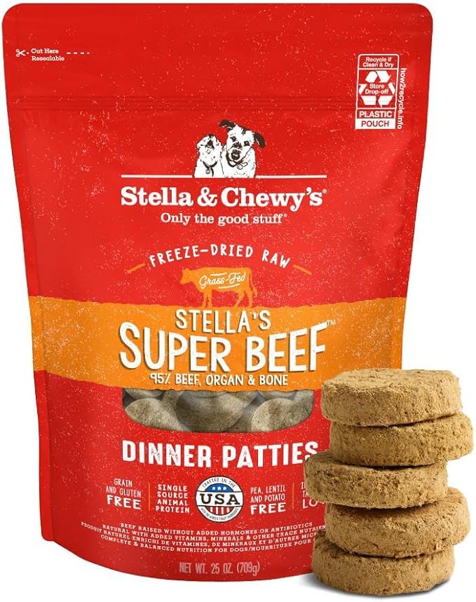 Stella & Chewy's Freeze-Dried Raw Dinner Patties - Beef Recipe - High Protein Grain-Free Puppy & Dog Food - Perfect For Picky Eaters - 25 oz