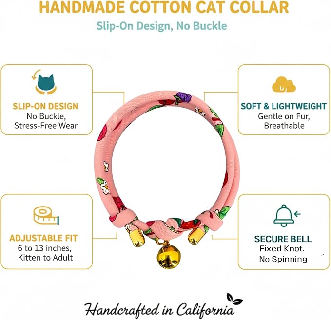 Handmade Cotton Cat Collar with Bell – Adjustable Slip-On Design, No Buckle, Lightweight Rope Collar for Kittens, Indoor Cats, and Small Pets (Cherry)
