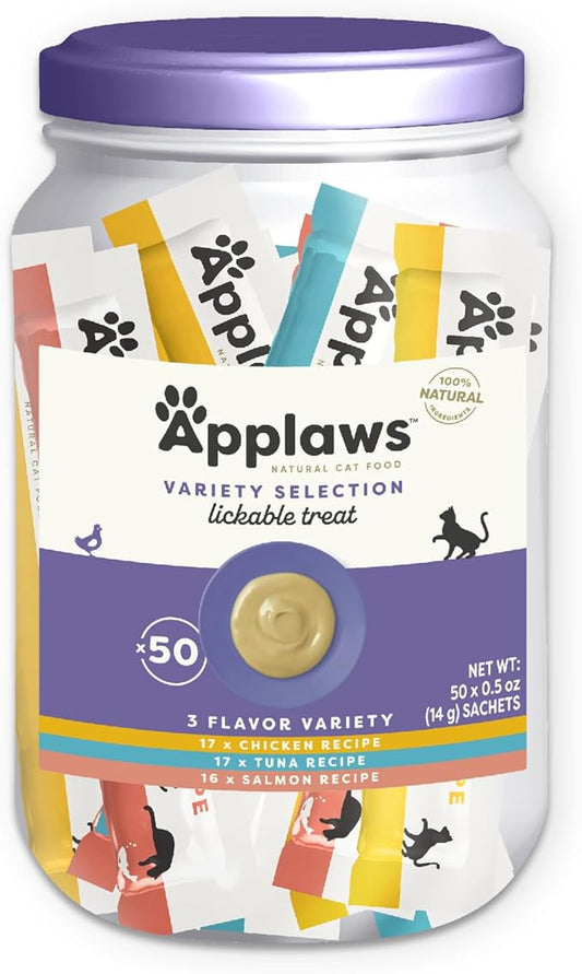 Applaws Lickable Cat Treats, Natural Grain-Free Purée, Made with Limited and Natural Ingredients, Variety Pack with Chicken, Tuna & Salmon Squeeze Up Treats (50 x 0.5oz Sachet Tub)