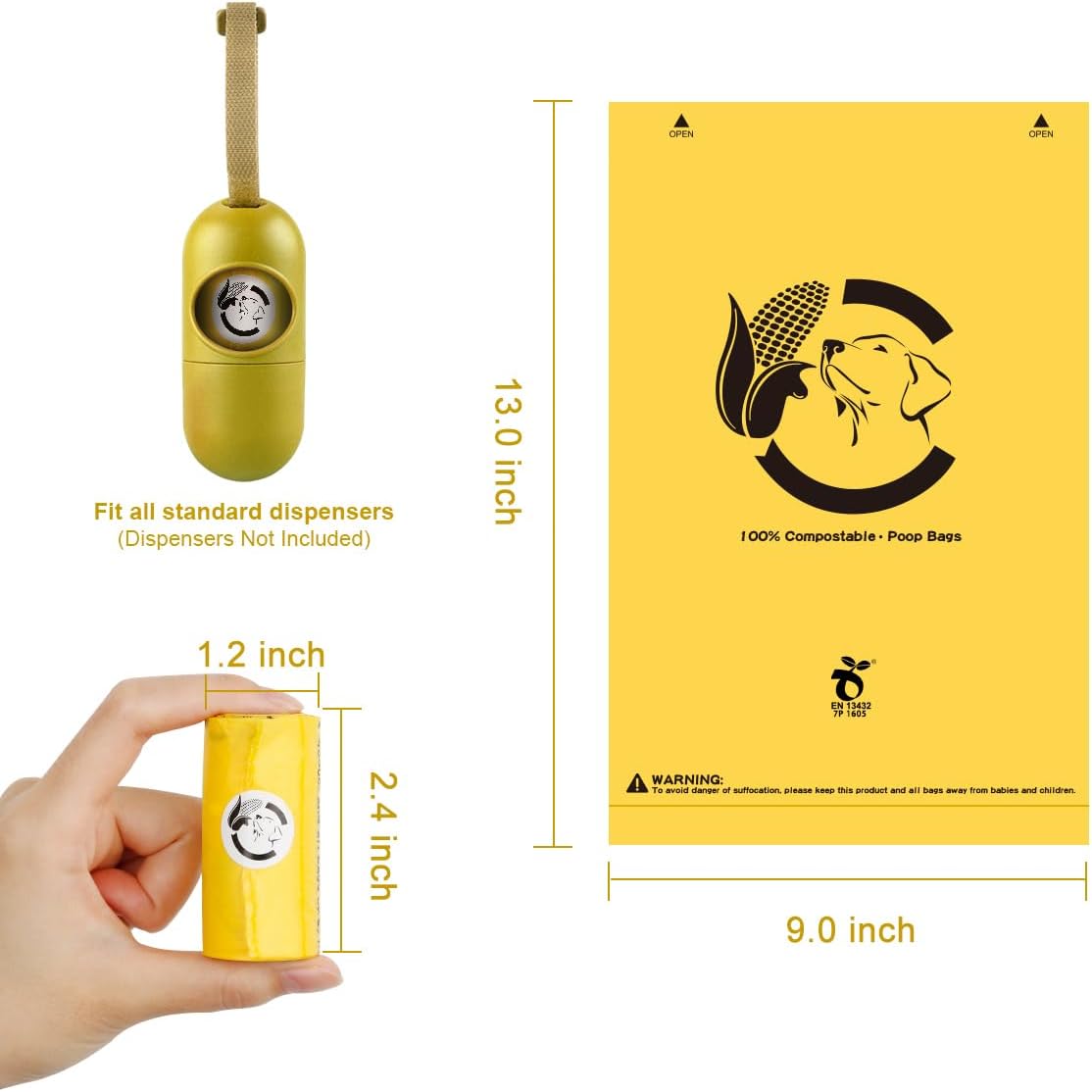 Certified Compostable Dog Poop Bags, 270 Count Landfill Friendly and Leakproof Waste Bags, Easy Open Unscented Maize Yellow Poop Bag for Dog, 15 Doggy Bags Per Roll (18 rolls)