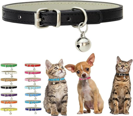Black XXS Puppy Collar with Bell, Soft Pu Leather Small Dog Collars Adjustable Buckle for XXS XS Extra Small Medium Tiny Female Male Boys Girls Pets Puppy Cats Teacup Yorkie XX-Small