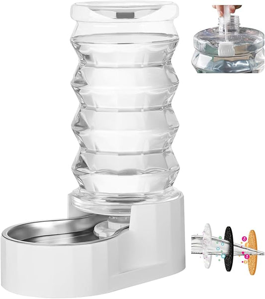 RIZZARI Large Gravity Water Dispenser: 8L Automatic Stainless Steel Dog Water Feeder with Specialized Brush and Triple Filter for Senior Pets with Spinal Problems - for Kitchen Living Room