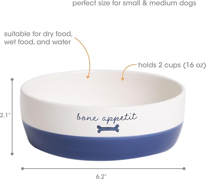 Pearhead Ceramic Dog Bowl – White & Navy “Bone Appétit” Design, Holds 2 Cups, Stoneware Pet Dish, Non-Skid Feeding Bowl, Small/Medium