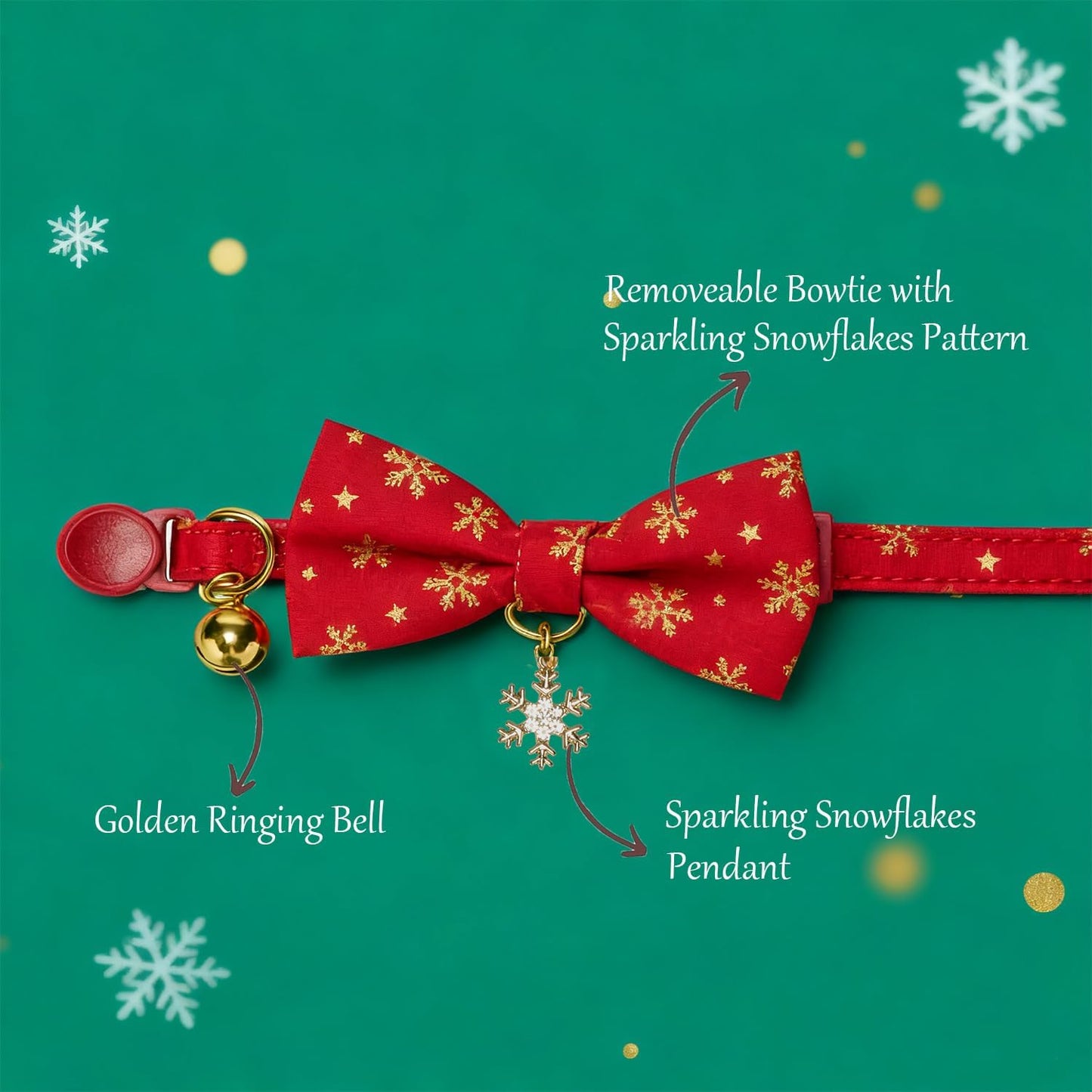 Christmas Cat Collar 2 Pack Cotton Bowtie Cat Collars Glittery Snowflakes Cute Kitten Collar(Red+Green)