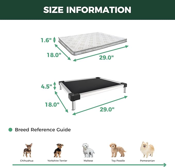 FXW TitanNest Chew-Proof Elevated Dog Bed, Raised Cot for Indoor/Outdoor/Camping Use, Durable & Washable Padded Pet Bed with Exclusive Cover for Extra-Small Dogs, 29.0" L x 18.0" W x 4.5" H, Black