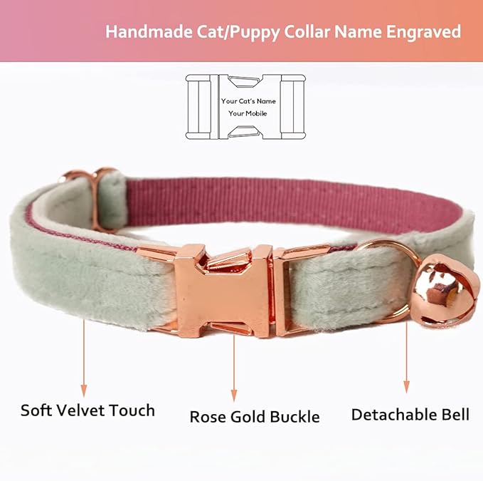Cat Collar Personalized with Name Engraved and Bell, Customized Velvet Collars for Puppy Kittens (Mint Green, L)
