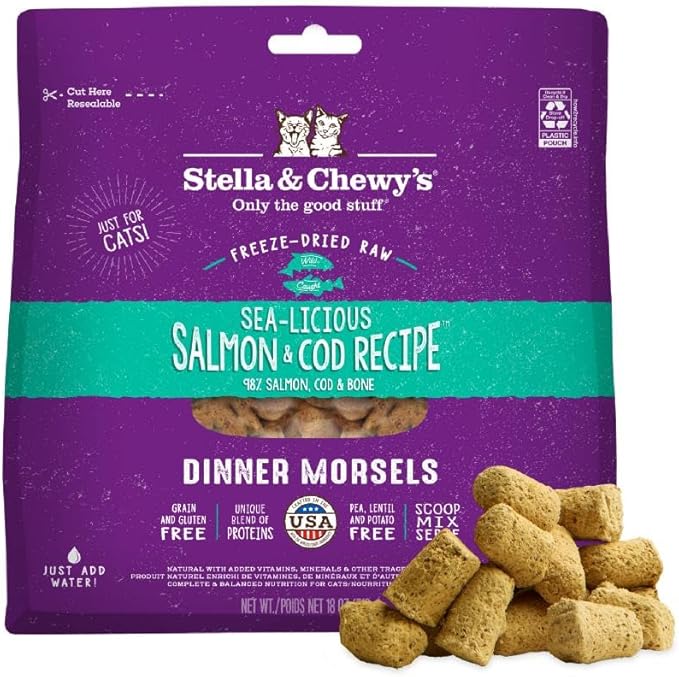 Stella & Chewy's Freeze-Dried Raw Cat Dinner Morsels - Premium Salmon & Cod Recipe with 98% Wild-Caught Fish & Organs - Natural Grain-Free Cat & Kitten Food - Made in USA - 18 oz