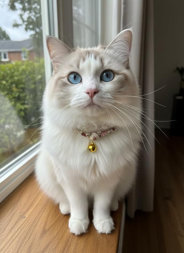 Handmade Cotton Cat Collar with Bell – Adjustable Slip-On Design, No Buckle, Lightweight Rope Collar for Kittens, Indoor Cats, and Small Pets (Petal)