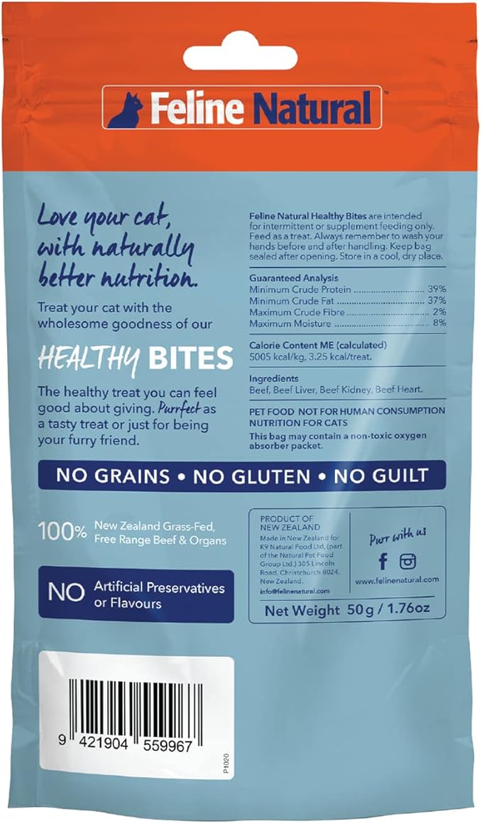 Feline Natural Freeze Dried Cat Treats – New Zealand Single-Source Protein Treats for Cats - Grain-Free Healthy Cat Snacks, Beef Bites, 1.76oz (Pack of 2)