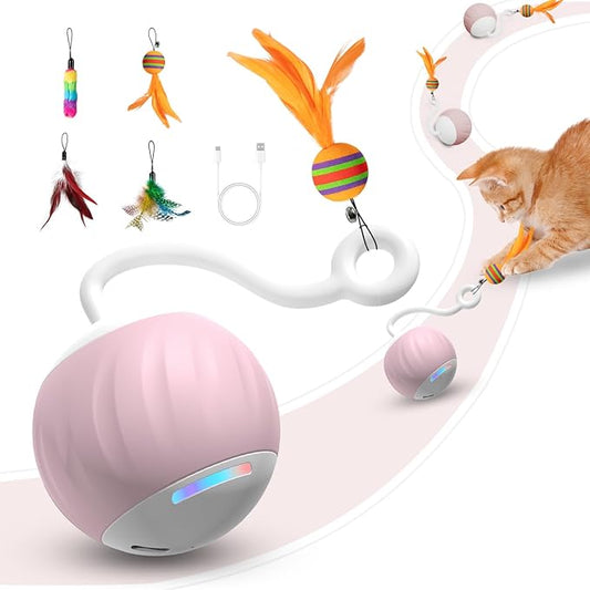Interactive Cat Toys Ball - Electric Automatic Toys for Indoor Cats, LED Lights and Toys Feather Tail with Sound Activated and Touch, USB Rechargeable, 2peeds Mode for Bored Kittens/Adult Cats