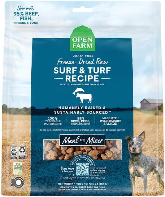 Open Farm, Freeze Dried Raw Dog Food, Morsels with 95% Meat, Organs & Bone, Organic Produce & Superfoods, Complete Meal or Freeze Dried Dog Food Topper, Surf & Turf Recipe, 22oz Bag