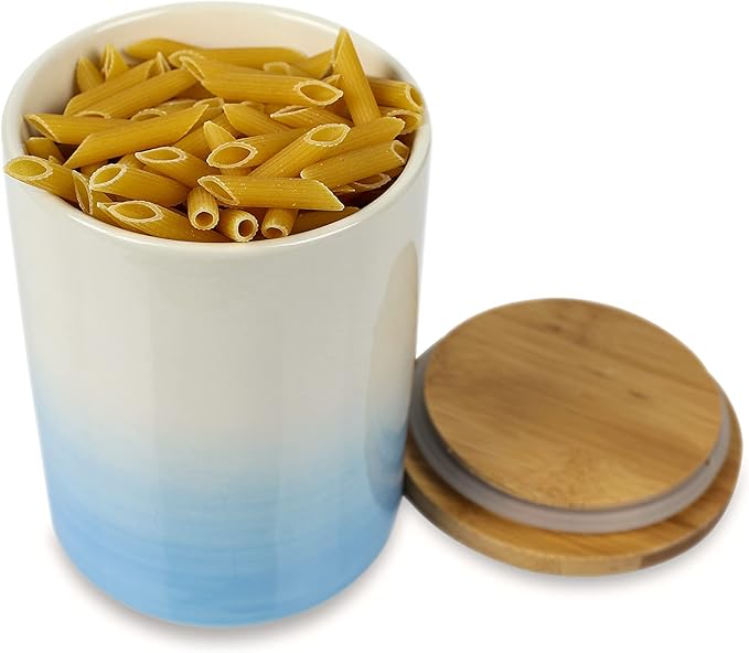 Arthausen Vintage Blue Ceramic Storage Jar Canister for Flour Sugar - Airtight Bamboo Lid w/Silicone Seal, Spoon - Modern Abstract Art Design for Kitchen Counter Bathroom - 4 cup / 1080mL