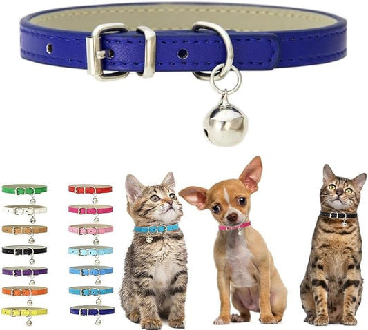 Dark Blue Kitten Collar with Bell, Soft Pu Leather Small Dog Collars Adjustable Buckle for XXS XS Extra Small Medium Tiny Female Male Boys Girls Pets Puppy Cats Teacup Yorkie XX-Small