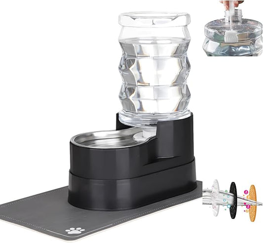 RIZZARI Automatic Cat Water Dispenser: Black 7L Elevated - Stainless Steel Gravity Feeder with Specialized Brush and Triple Filtration - Splash Guard Mat - Use in Bedroom and Livingroom