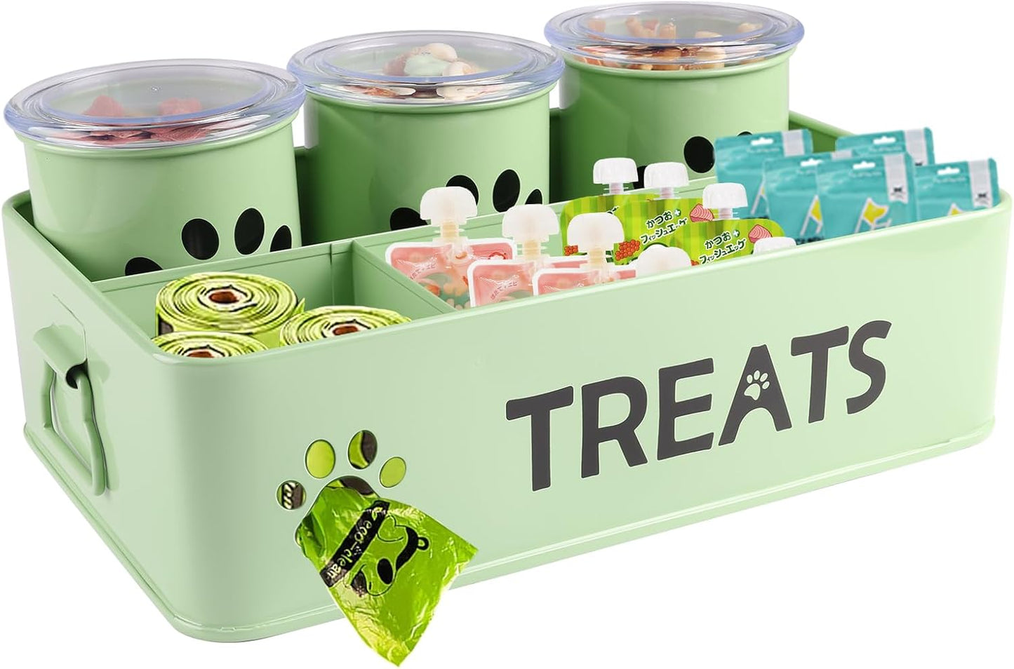 28oz Metal Dog Treat Container Set of 3,Dog Treat Jars with Airtight Lids,Cat Treat Jar,Dog Treat Canister for Countertop,Coated Galvanized Steel Dog Treats Station-Green