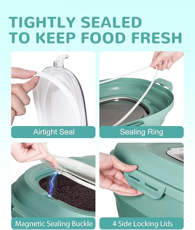 30-35 Lbs Dog Food Storage Container Collapsible Dog Food Container with Airtight Lids, Wheels, Scoop and 2pcs Food Storage Containers, Large Pet food storage for Dog, Cat (Green)