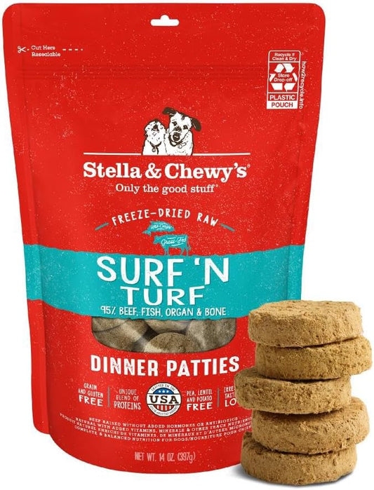 Stella & Chewy's Freeze-Dried Raw Dinner Patties - Surf 'N Turf Salmon & Beef Recipe - High Protein Grain-Free Puppy & Dog Food - Perfect For Picky Eaters - 14 oz