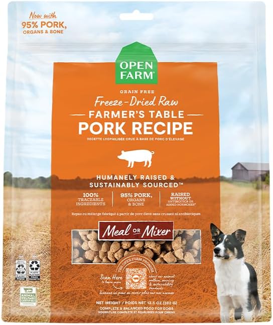 Open Farm Freeze Dried Raw Dog Food, Humanely Raised Meat Recipe with Non-GMO Superfoods and No Artificial Flavors or Preservatives (3.5 Ounce (Pack of 1), Farmer's Table Pork)