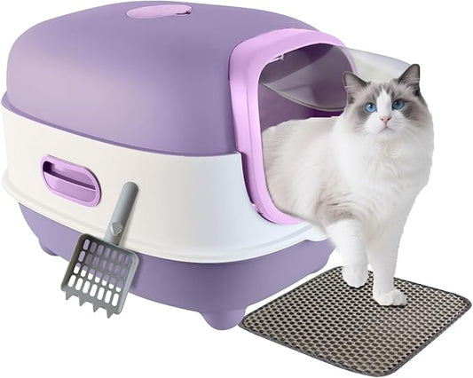 Large Cat Litter Box with Cat Litter Scoop, Foldable Litter Box with Lid, Front Entry and Exit Leak-Proof Litter Cat Box, Odor Control, Easy to Clean (Purple)
