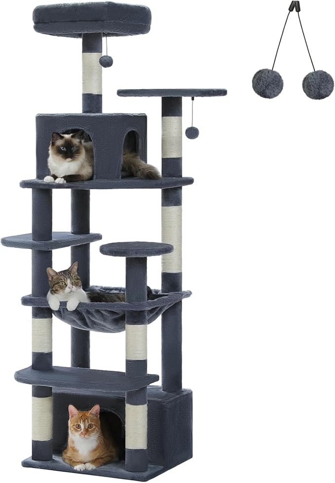 Cat Tree for Indoor Cats, 64.5" Tall Cat Tower with 2 Cozy Condos, Scratching Posts, Large Hammock and Dual Padded Perches, Multi-Level Activity Center for Large Cats, Dark Grey