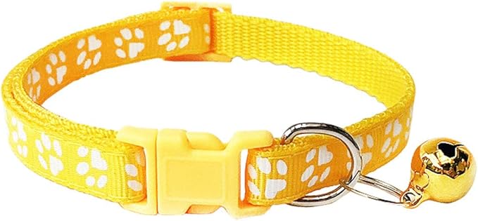 CHBORCHICEN 2-Pack Footprint & Reflective Cat Collar with Bell Basic Dog Cat Collar Buckle Adjustable Polyester Cat Dog Collar or Seatbelts (X-Small, Yellow)