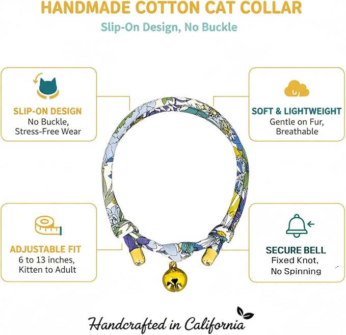 Handmade Cotton Cat Collar with Bell – Adjustable Slip-On Design, No Buckle, Lightweight Rope Collar for Kittens, Indoor Cats, and Small Pets (Iris)
