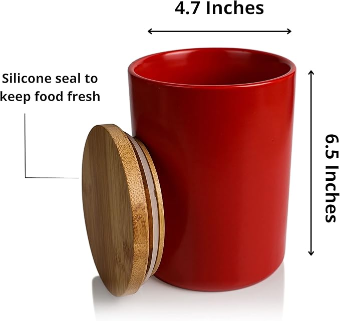 Arthausen Red Ceramic Storage Jar Canister for Flour Sugar - Airtight Bamboo Lid w/Silicone Seal, Spoon - Modern Abstract Art Design for Kitchen Counter Bathroom - 4 cup / 1080mL