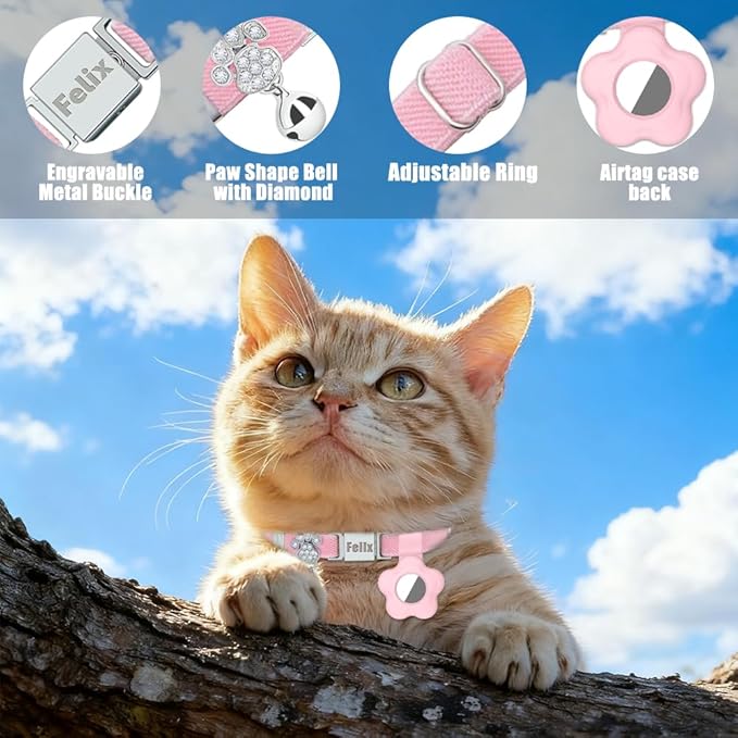 Personalized Safety Elastic Cat Collars with Bell Soft Silicone Cover for Air Tag,Laser Customized Stretch Kitten Collars for Girls Boys Cats (Pink)