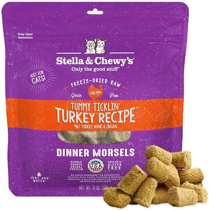 Stella & Chewy's Freeze-Dried Raw Cat Dinner Morsels - Premium Turkey Recipe with 98% Farm-Raised Meat & Organs - Natural Grain-Free Cat & Kitten Food - Made in USA - 8 oz