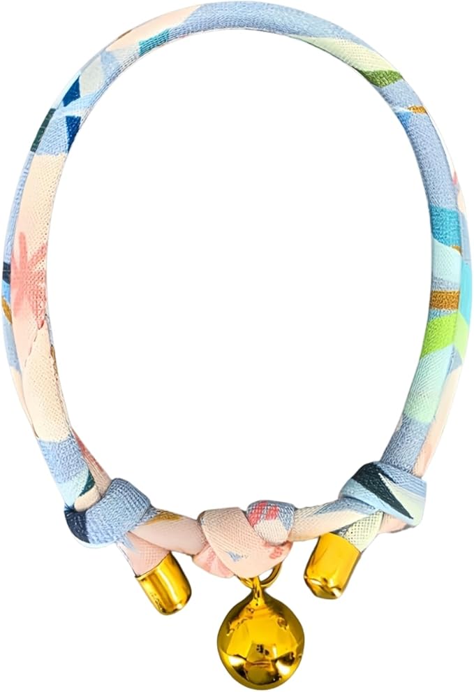 Handmade Cotton Cat Collar with Bell – Adjustable Slip-On Design, No Buckle, Lightweight Rope Collar for Kittens, Indoor Cats, and Small Pets (Dew)
