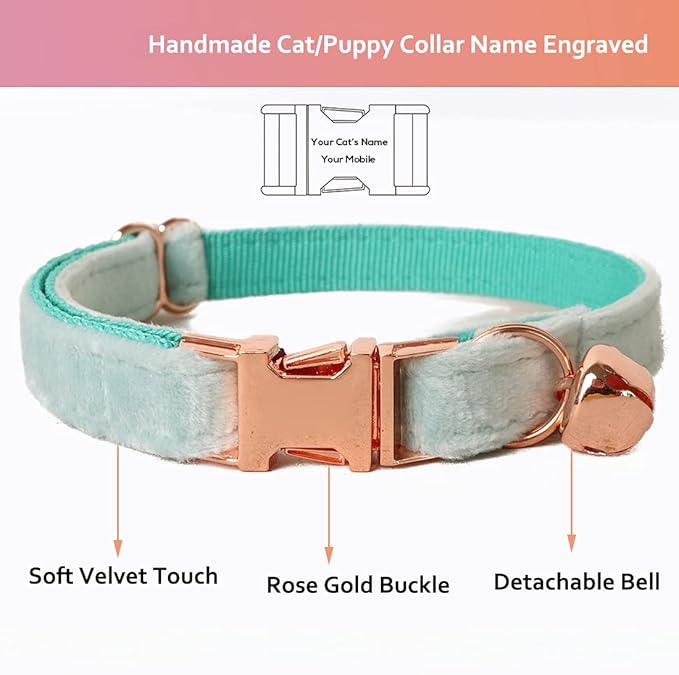 Cat Collar Personalized with Name Engraved and Bell, Customized Velvet Collars for Puppy Kittens (Aqua, S)