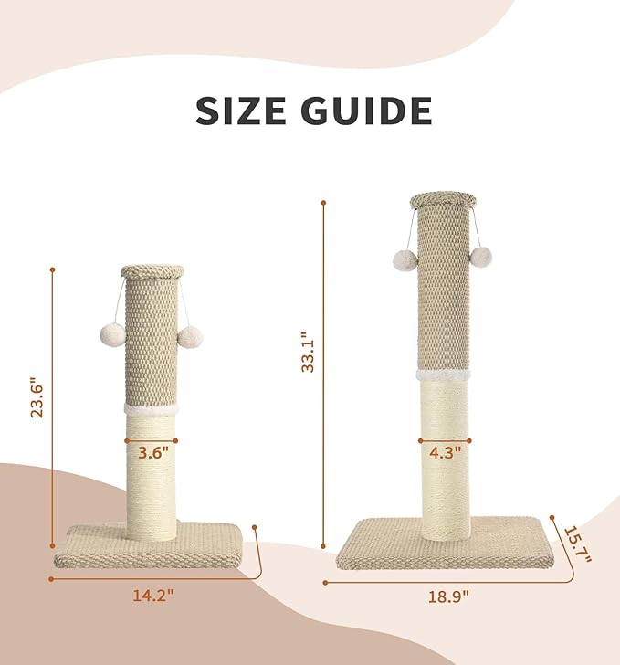 Made4Pets Tall Cat Scratching Post, Heavy Duty and Thicker Scratching Posts for Indoor Cats Adults, 33" Natural Sisal Cat Scratcher with Hanging Balls, Sturdy Base Cat Scratch Post, Beige