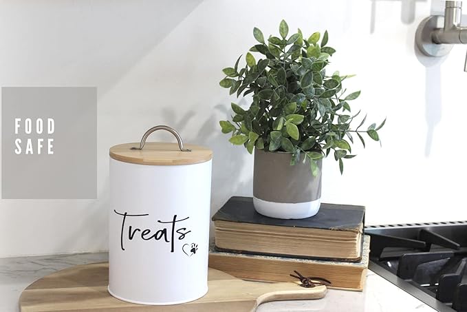 White Dog and Cat Treat Container with Easy to Open Bamboo Lid, 98 oz/12 cups