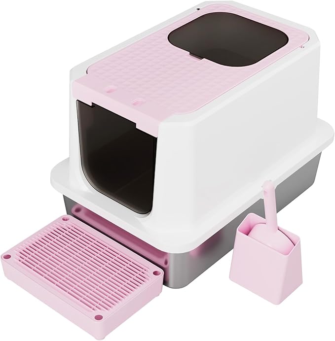 RIZZARI Enclosed Cat Litter Box: Pink Stainless Steel Odorless Cat Box - Top-Entry Design - Large Capacity High-Sided Leak Proof Litter Pan for Cats - Easy Clean Pet Toilet - for Living Room Bedroom